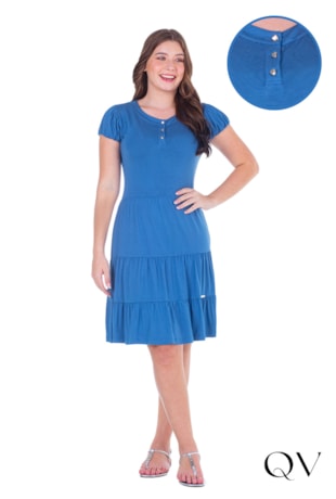 VESTIDO EM MALHA MANGAS BALONÊ AZUL - HAPUK