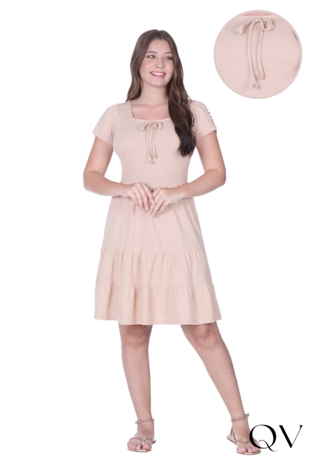 VESTIDO EM MALHA PIQUET BORDADO MANUAL BEGE - HAPUK