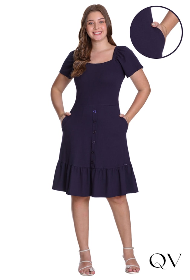 VESTIDO EM MALHA PIQUET TRANÇA NOS OMBROS MARINHO - HAPUK