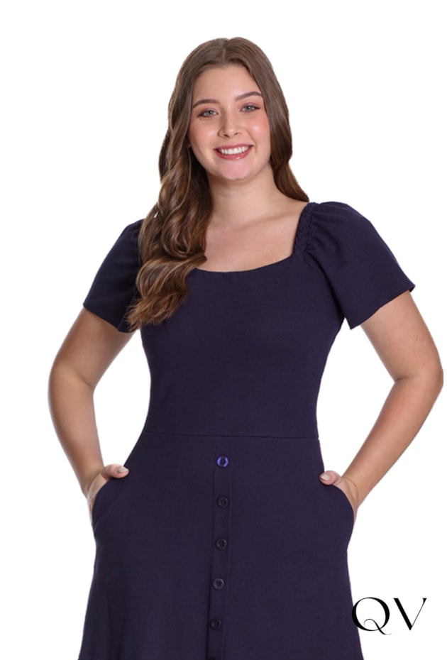 VESTIDO EM MALHA PIQUET TRANÇA NOS OMBROS MARINHO - HAPUK