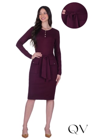 VESTIDO EM MALHA PONTO ROMA COM BOTÕES BORDÔ - HAPUK