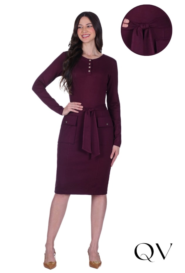 VESTIDO EM MALHA PONTO ROMA COM BOTÕES BORDÔ - HAPUK