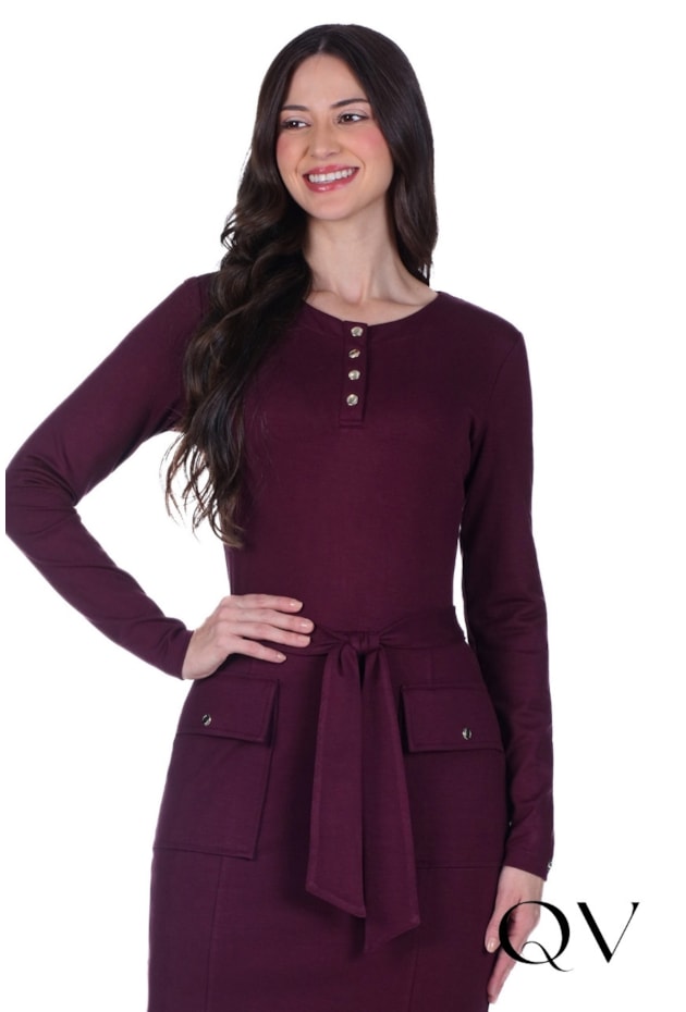 VESTIDO EM MALHA PONTO ROMA COM BOTÕES BORDÔ - HAPUK