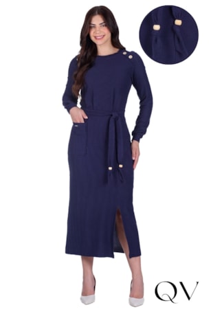 VESTIDO EM MALHA TEXTURIZADA COM FENDA AZUL MARINHO