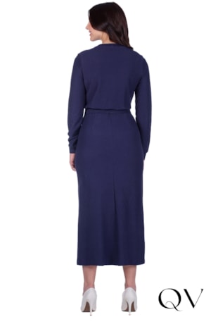 VESTIDO EM MALHA TEXTURIZADA COM FENDA AZUL MARINHO