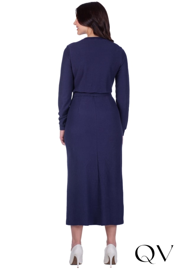 VESTIDO EM MALHA TEXTURIZADA COM FENDA AZUL MARINHO