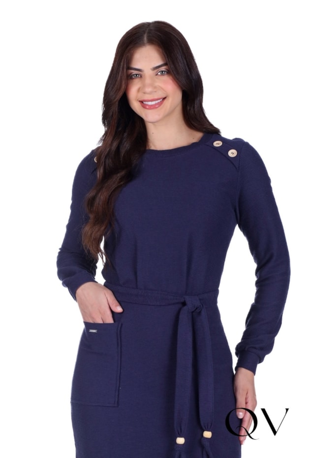 VESTIDO EM MALHA TEXTURIZADA COM FENDA AZUL MARINHO