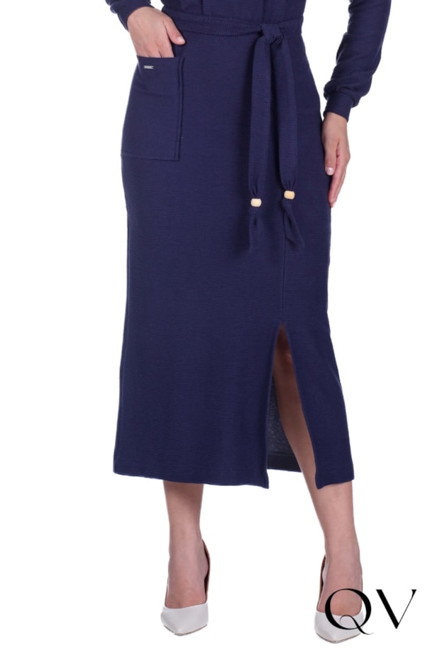 VESTIDO EM MALHA TEXTURIZADA COM FENDA AZUL MARINHO