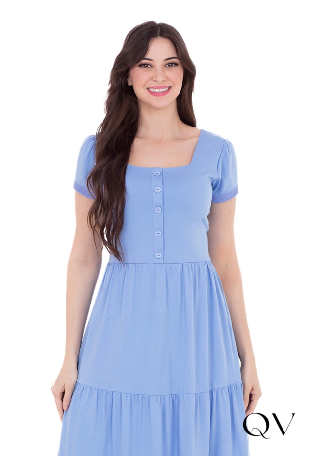 VESTIDO EM MALHA TEXTURIZADA COM GUIPIR AZUL - HAPUK