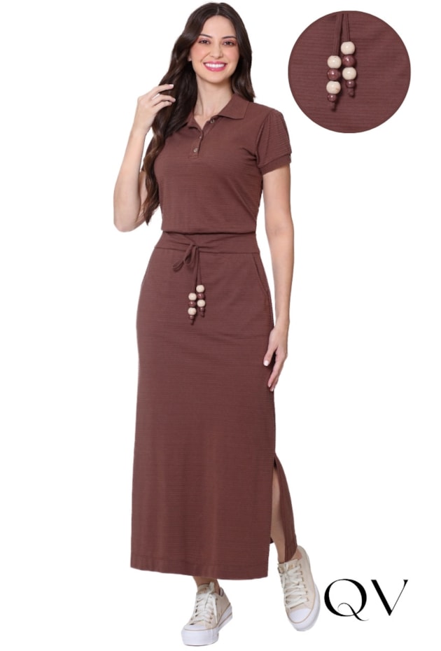 VESTIDO EM MALHA TEXTURIZADA GOLA POLO MARROM - HAPUK