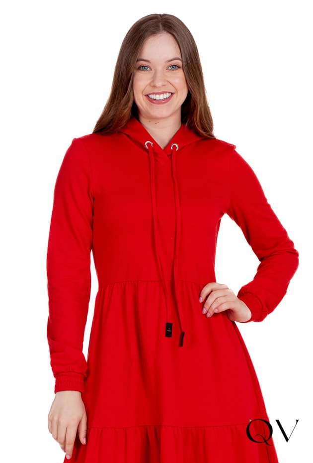 VESTIDO EM MOLETINHO COM CAPUZ VERMELHO - HAPUK