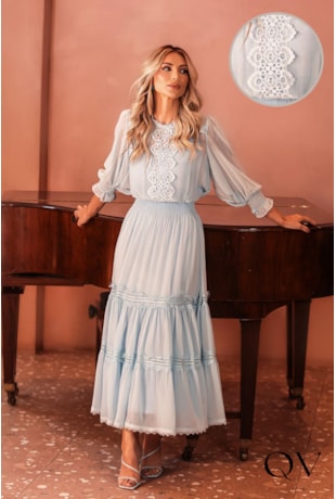 VESTIDO EM MUSSELINE E GUIPIR AZUL BEBÊ - DOCE MARIA