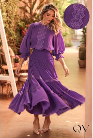 VESTIDO EM MUSSELINE E GUIPIR ROXO - DOCE MARIA