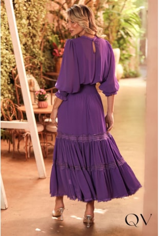 VESTIDO EM MUSSELINE E GUIPIR ROXO - DOCE MARIA