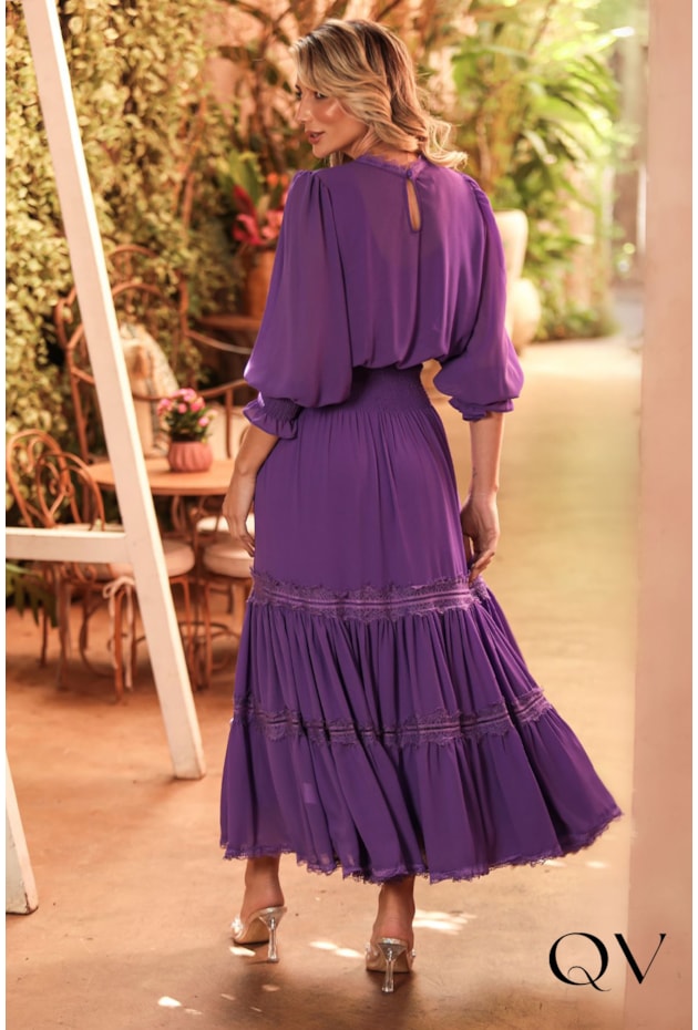 VESTIDO EM MUSSELINE E GUIPIR ROXO - DOCE MARIA