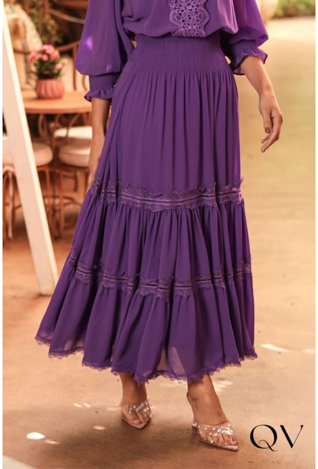 VESTIDO EM MUSSELINE E GUIPIR ROXO - DOCE MARIA