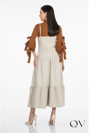 VESTIDO EM SARJA COM RECORTES BEGE - VIA TOLENTINO