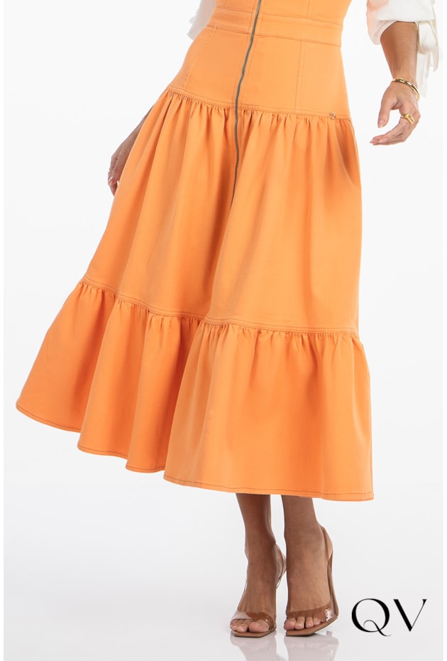 VESTIDO EM SARJA COM RECORTES LARANJA - VIA TOLENTINO