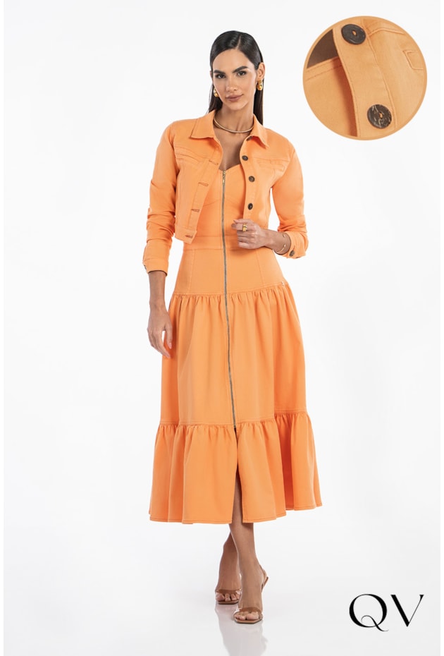 VESTIDO EM SARJA COM RECORTES LARANJA - VIA TOLENTINO