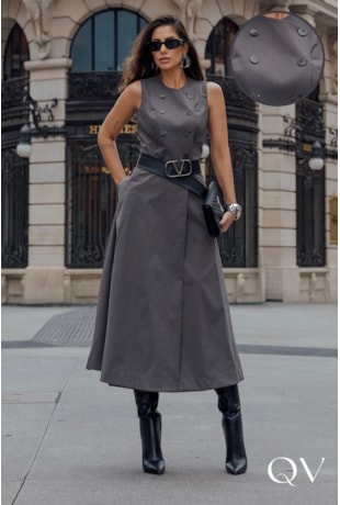 VESTIDO EM SARJA TRANSPASSADO CINZA ESCURO - LUZIA FAZZOLLI