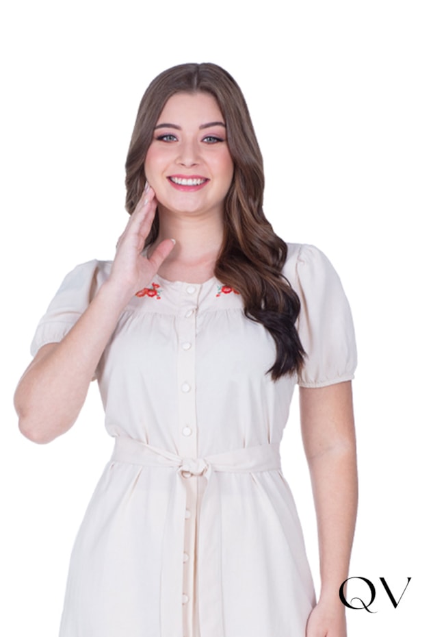 VESTIDO EM TECIDO PLANO COM BORDADO INDUSTRIAL BEGE - HAPUK