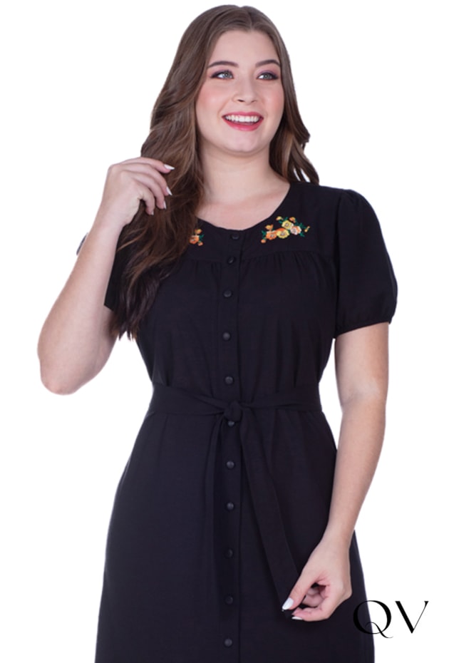 VESTIDO EM TECIDO PLANO COM BORDADO INDUSTRIAL PRETO - HAPUK