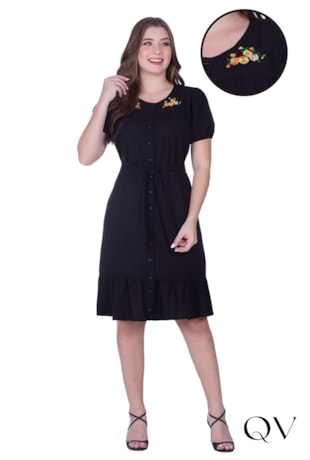 VESTIDO EM TECIDO PLANO COM BORDADO INDUSTRIAL PRETO - HAPUK