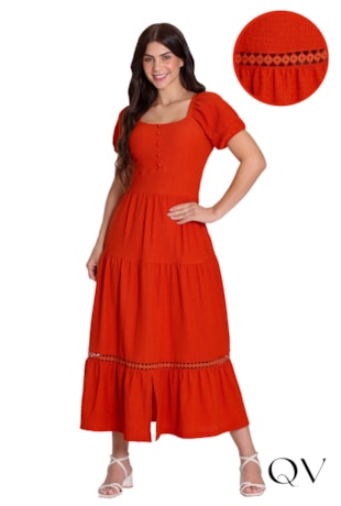 VESTIDO EM TECIDO TEXTURIZADO COM FENDA FRONTAL TELHA - HAPUK