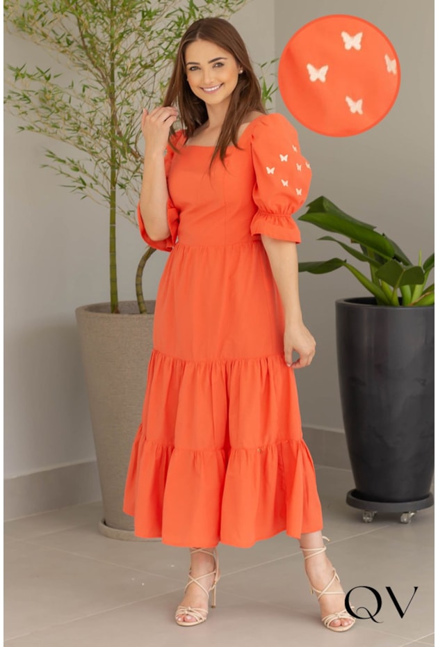 VESTIDO EM TRICOLINE COM BORDADO LARANJA - VALENTINA SIRRAH VESTIDO EM TRICOLINE COM BORDADO LARANJA - VALENTINA SIRRAH