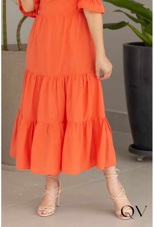 VESTIDO EM TRICOLINE COM BORDADO LARANJA - VALENTINA SIRRAH VESTIDO EM TRICOLINE COM BORDADO LARANJA - VALENTINA SIRRAH