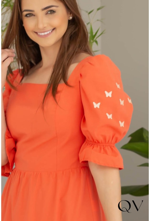 VESTIDO EM TRICOLINE COM BORDADO LARANJA - VALENTINA SIRRAH VESTIDO EM TRICOLINE COM BORDADO LARANJA - VALENTINA SIRRAH