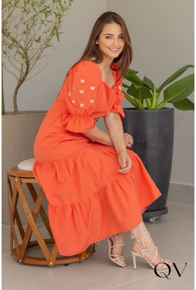 VESTIDO EM TRICOLINE COM BORDADO LARANJA - VALENTINA SIRRAH VESTIDO EM TRICOLINE COM BORDADO LARANJA - VALENTINA SIRRAH