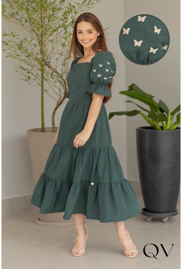 VESTIDO EM TRICOLINE COM BORDADO VERDE - VALENTINA SIRRAH VESTIDO EM TRICOLINE COM BORDADO VERDE - VALENTINA SIRRAH