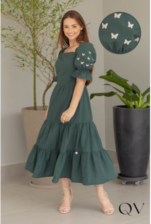 VESTIDO EM TRICOLINE COM BORDADO VERDE - VALENTINA SIRRAH