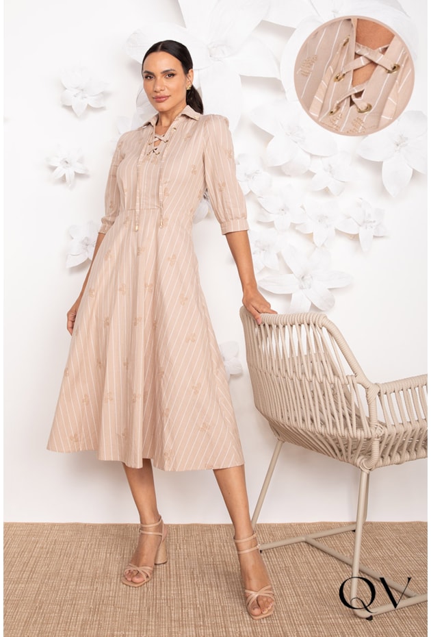 VESTIDO EM TRICOLINE COM BORDADOS NUDE - LEKAZIS VESTIDO EM TRICOLINE COM BORDADOS NUDE - LEKAZIS