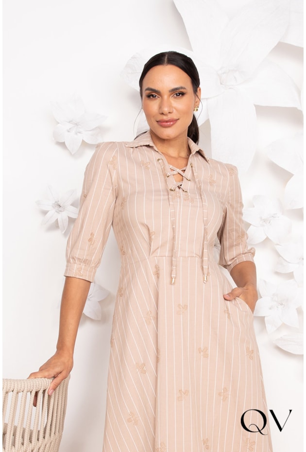 VESTIDO EM TRICOLINE COM BORDADOS NUDE - LEKAZIS