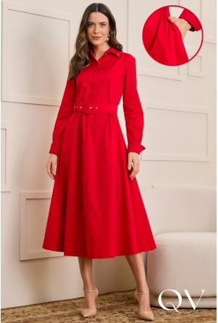 VESTIDO EM TRICOLINE COM CINTO ENCAPADO VERMELHO - JANY PIM