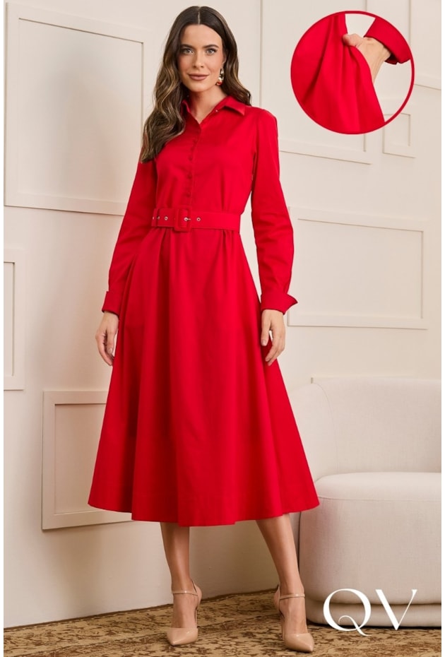 VESTIDO EM TRICOLINE COM CINTO ENCAPADO VERMELHO - JANY PIM