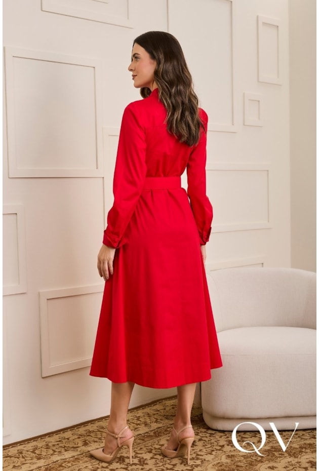 VESTIDO EM TRICOLINE COM CINTO ENCAPADO VERMELHO - JANY PIM
