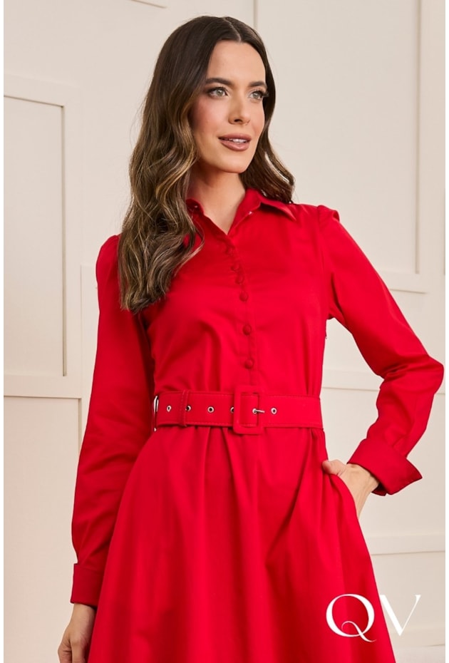 VESTIDO EM TRICOLINE COM CINTO ENCAPADO VERMELHO - JANY PIM