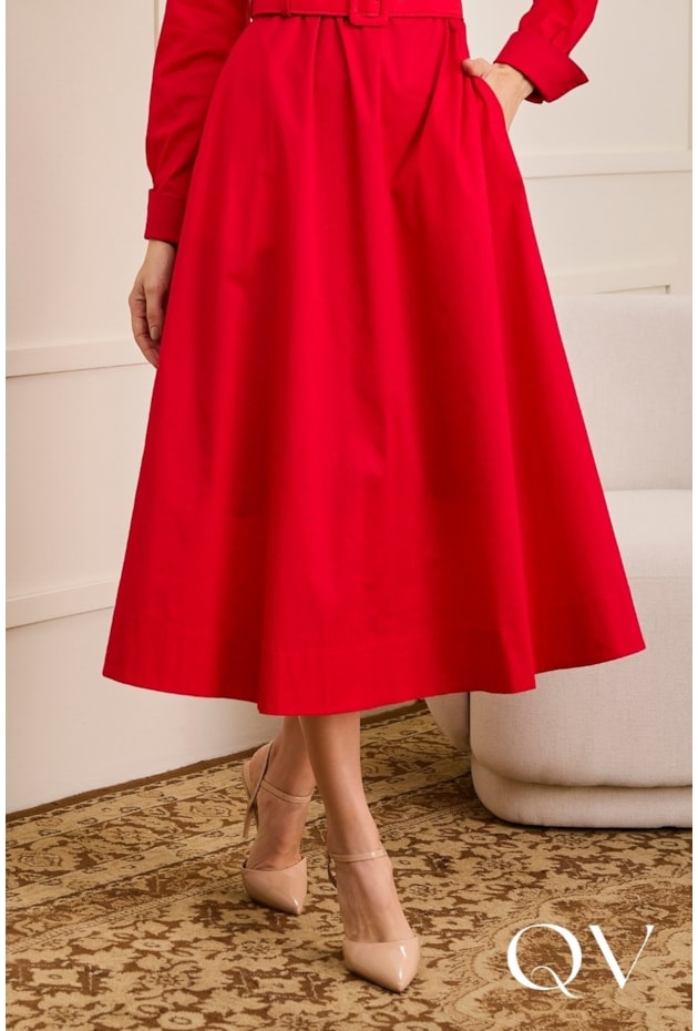VESTIDO EM TRICOLINE COM CINTO ENCAPADO VERMELHO - JANY PIM