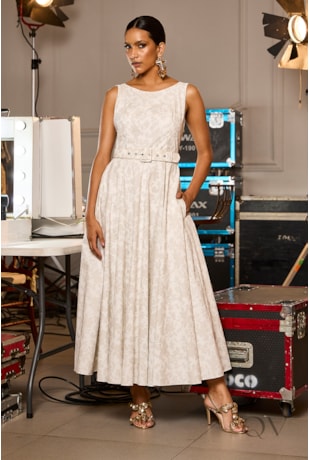 VESTIDO EM TRICOLINE ESTAMPADO FLORAL OFF WHITE - LUZIA FAZZOLLI