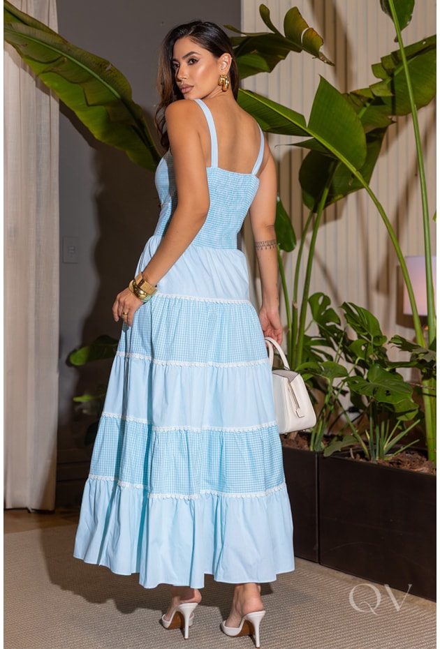 VESTIDO EM TRICOLINE FIO TINTO LISTRADA E VICHY - LUZIA FAZZOLLI