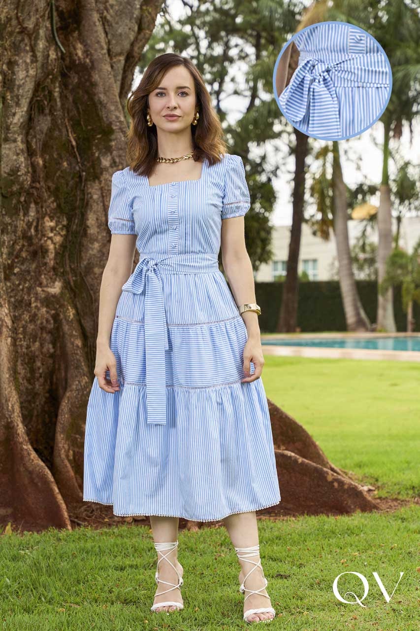 Vestido Em Tricoline Listras Azul Jany Pim QVestido - Moda