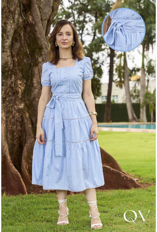 VESTIDO EM TRICOLINE LISTRAS AZUL - JANY PIM