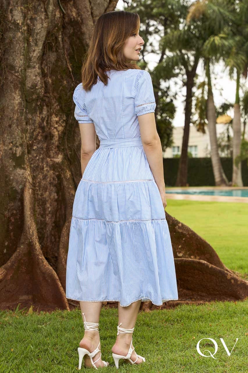 Vestido Em Tricoline Listras Azul Jany Pim QVestido - Moda