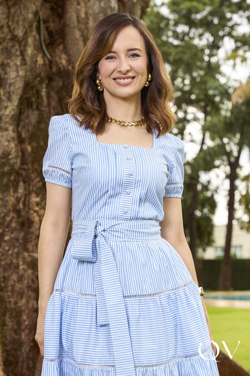 Vestido Em Tricoline Listras Azul Jany Pim QVestido - Moda