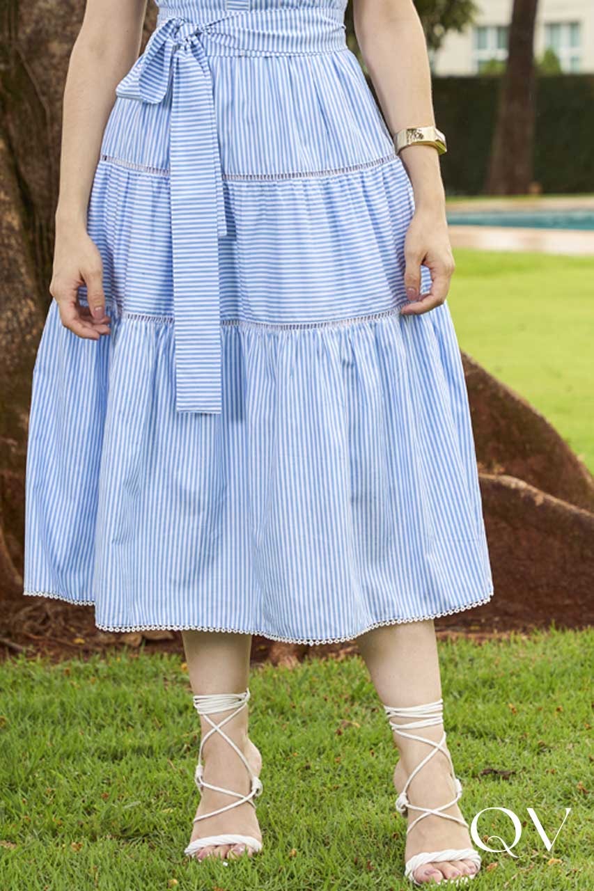 Vestido Em Tricoline Listras Azul Jany Pim QVestido - Moda