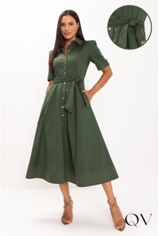 VESTIDO EM TRICOLINE MAXI MIDI PESPONTO VERDE MILITAR - LEKAZIS