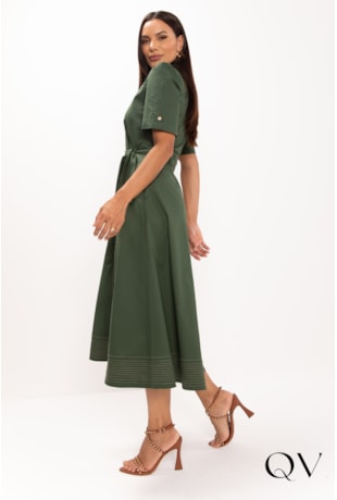 VESTIDO EM TRICOLINE MAXI MIDI PESPONTO VERDE MILITAR - LEKAZIS